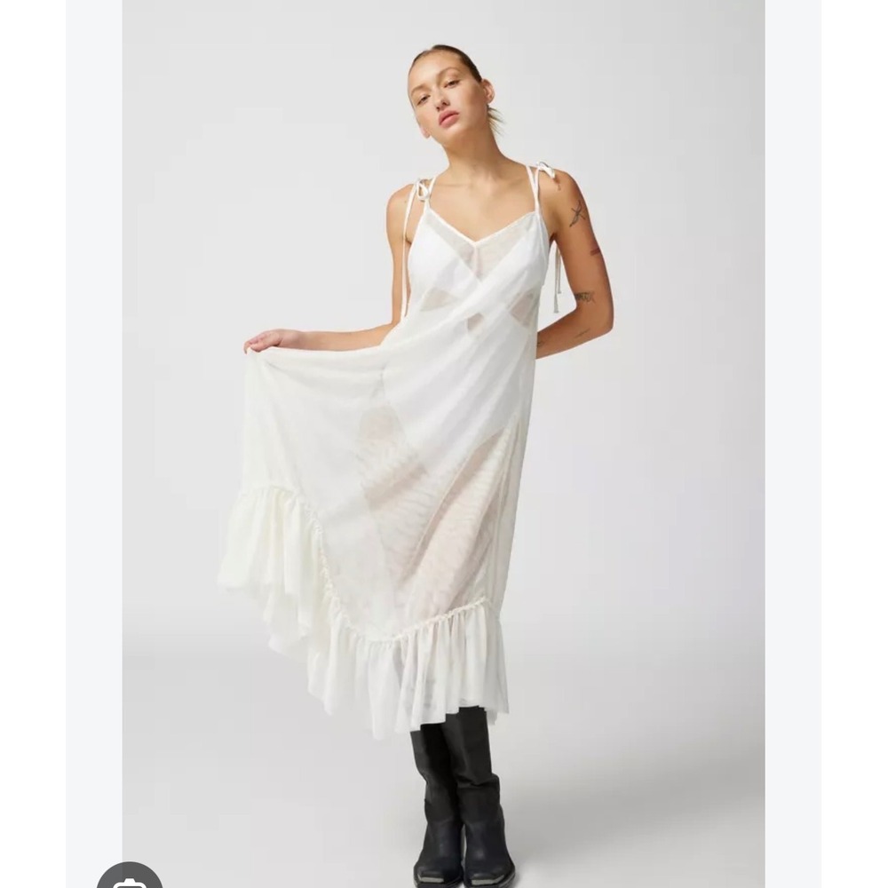 Urban Outfitters Sheer Mesh Ruffle Hem Tie Strap Midi Dress Cream White XL